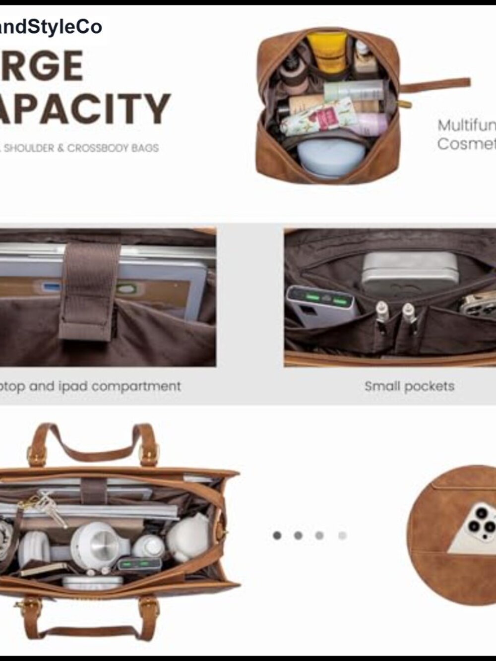Vintage Faux Leather Laptop Tote Bag for Women 15.6 Inch Work Bag with Cup - Picture 3 of 5